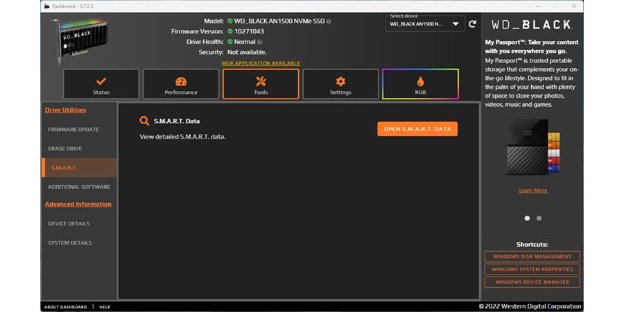 ابزار Dashboard Tool وسترن دیجیتال برای بررسی SSD