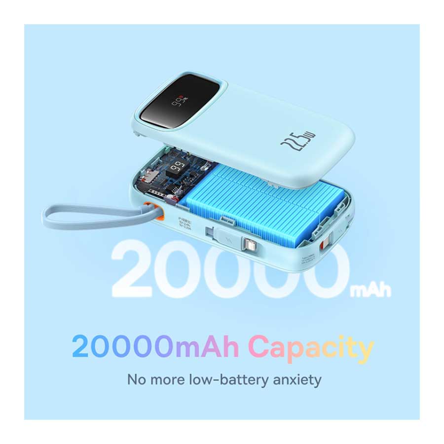 پاوربانک بیسوس مدل 22.5W QPow2 P1005500 ظرفیت 20000mAH همراه کابل متصل Type-C و لایتنینگ