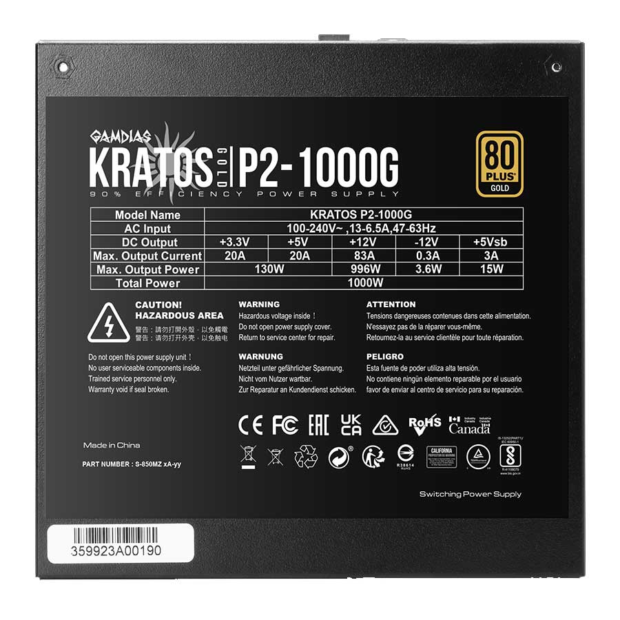 پاور کامپیوتر 1000 وات تمام ماژولار گیم دیاس مدل KRATOS P2-1000G